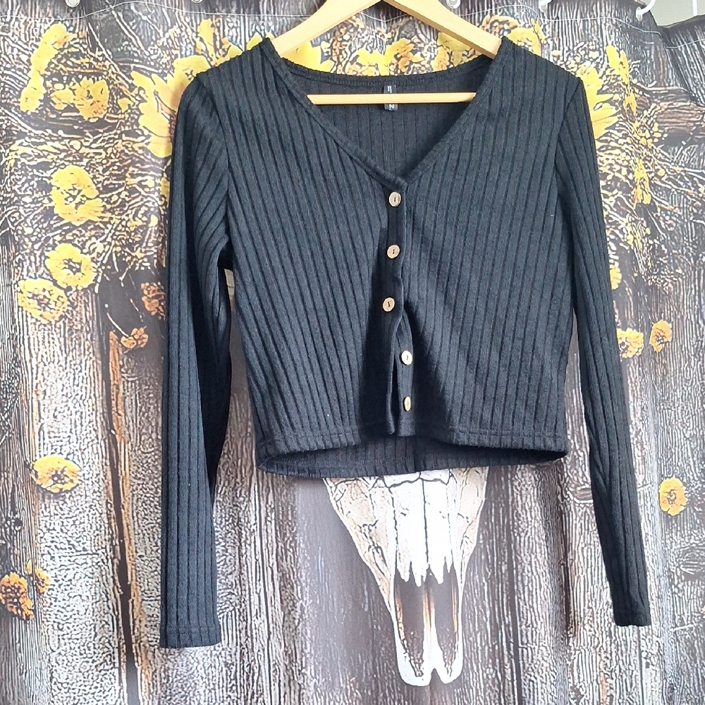 Zaful Black Ribbed Button-Down Top
